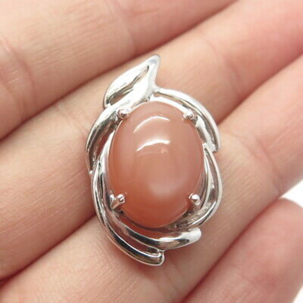 925 Sterling Silver Vintage Real Peach Fiber Optic Cat's Eye Gemstone Pendant